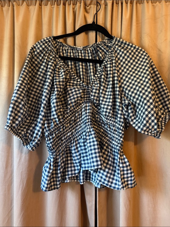 Old Navy Tops - Old Navy Blue and White Gingham Peplum Puff-Sleeve Top